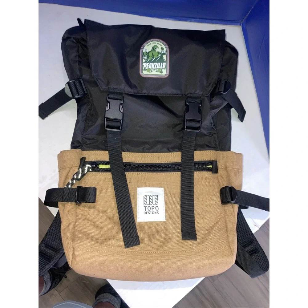 Topo Designs‎ Hiking Backpack Black Brown Canvas Padded Straps External Pockets